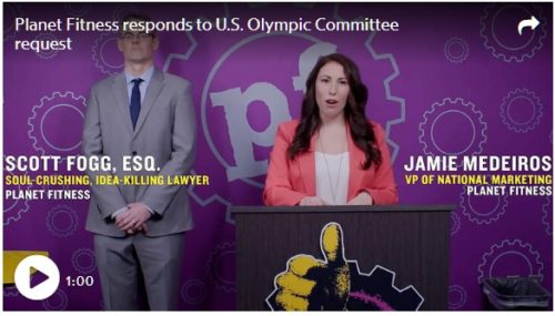 After the U.S. Olympic Committee complained about Planet Fitness’s Olympian video, the company responded with a mock press conference video to address the matter.